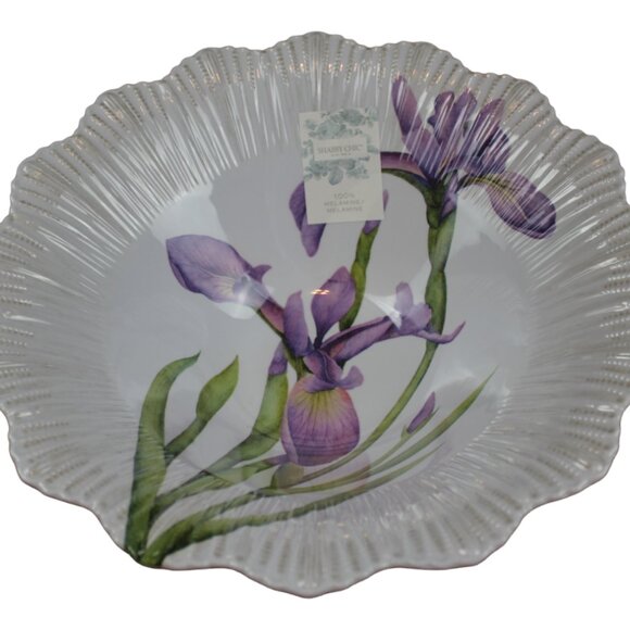 Shabby Chic Melamine Serving Bowl White Purple Iris Scalloped Large 13" NWT - Picture 1 of 8
